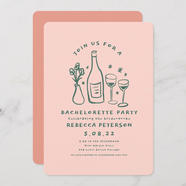Handlettering Retro Pink Green Bachelorette party Invitation (Creator Uploaded)