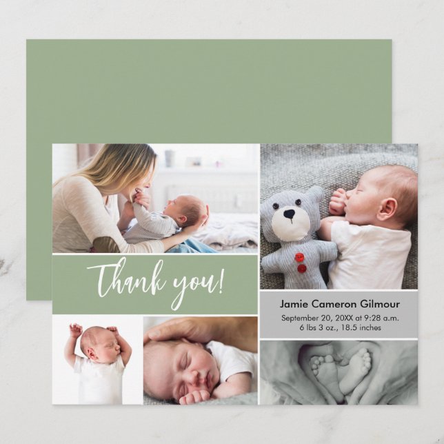 Handlettering Script multi Photo Baby Shower Green Thank You Card (Front/Back)
