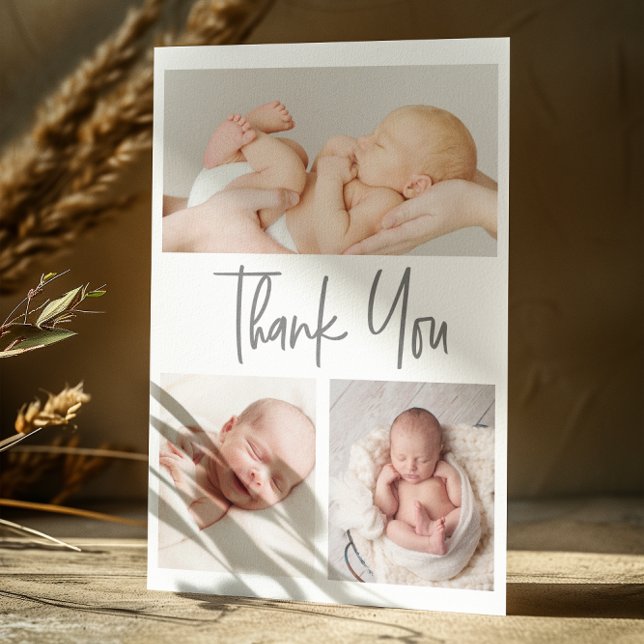 Handlettering Script photo collage baby shower Thank You Card (Custom Baby photo collage thank you flat card template.)