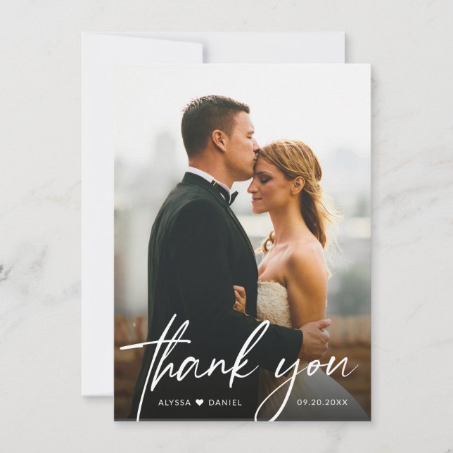 Handlettering script Simple Modern Wedding Photo Thank You Card (Front)
