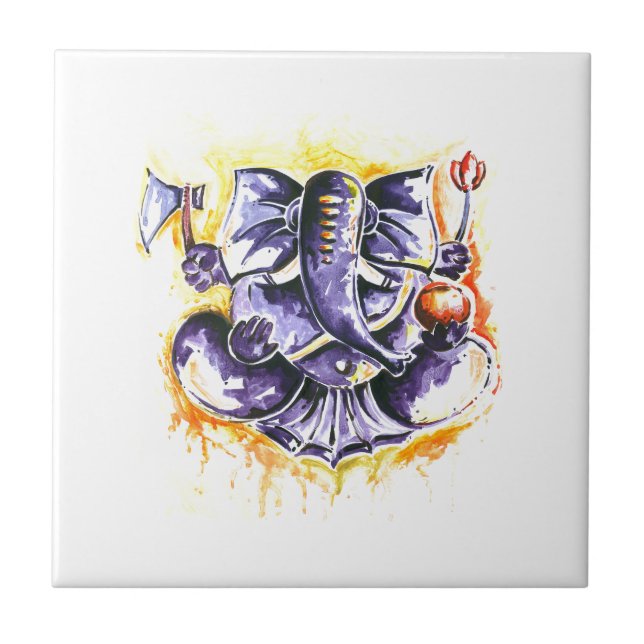 Handmade Abstract Painting of Lord Ganesha Tile (Front)