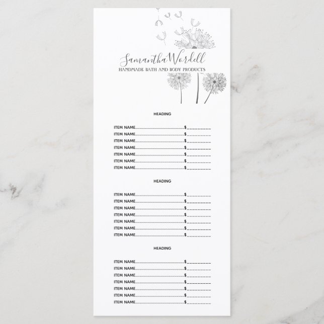 Handmade Bath Body Beauty Products Price List Menu (Front)