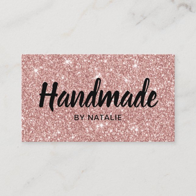 Handmade Bold Text Modern Rose Gold Glitter Business Card (Front)