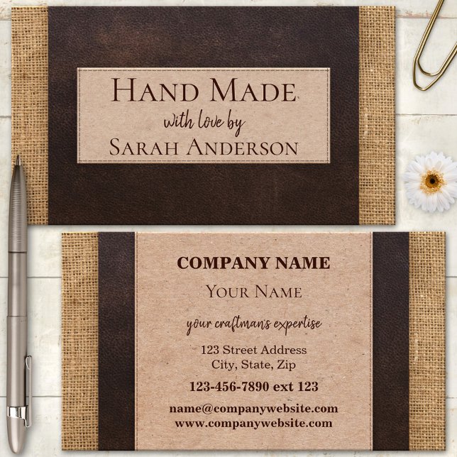 Handmade Burlap Leather Cardboard Craft Business Card (Business card with a dark faux leather area with cardboard text fields on burlap - handmade)