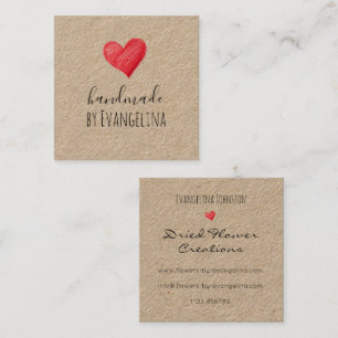 Handmade Business Cards, Red Heart, Custom Square Business Card