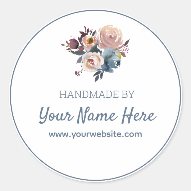 Handmade By Blue Pink Floral  Classic Round Sticker (Front)