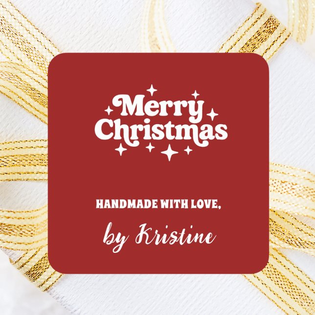 Handmade by Christmas red gift wrapping Square Sticker (Creator Uploaded)
