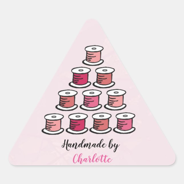 Handmade by cotton reel pink paper triangle sticker (Front)