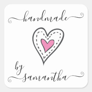 Handmade by Custom Name Pink Doodle Heart Square Sticker