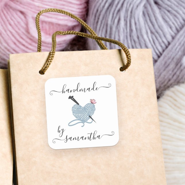 Handmade by Custom Name Yarn Heart and Butterfly Square Sticker (handmade stickers for your handcrafted gifts and product packaging)