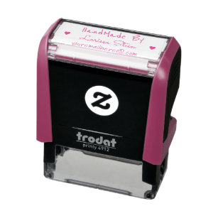 handmade by (custom text) + name, pink feminine self-inking stamp