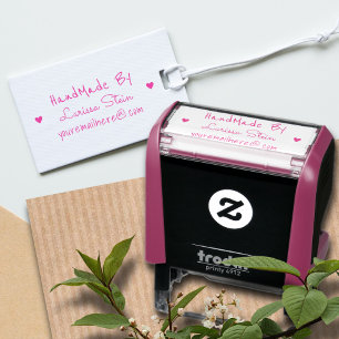 Handmade by (custom text) + name, pink feminine self-inking stamp