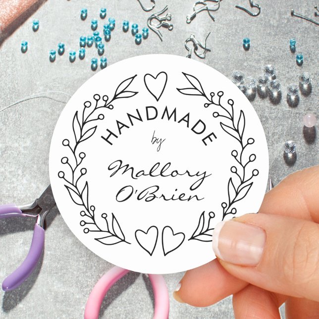 Handmade by Doodle Drawn Botanical Wreath Classic Round Sticker (Handmade signature stickers with line drawn wreath)