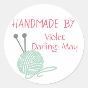 Handmade by - Knitting Yarn & Needles Personalised Classic Round Sticker