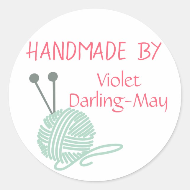 Handmade by - Knitting Yarn & Needles Personalised Classic Round Sticker (Front)
