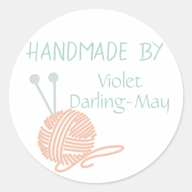 Handmade by - Knitting Yarn & Needles Personalised Classic Round Sticker (Front)