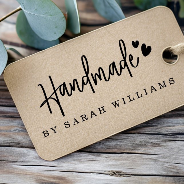 Handmade by name hearts modern handwritten script rubber stamp (Handmade by name hearts modern handwritten script rubber stamp)