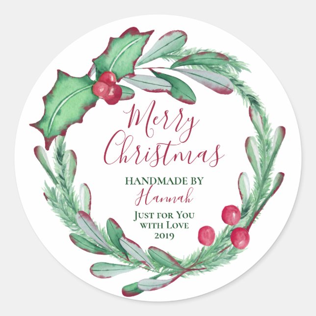 Handmade by Personalised Christmas Classic Round Sticker (Front)