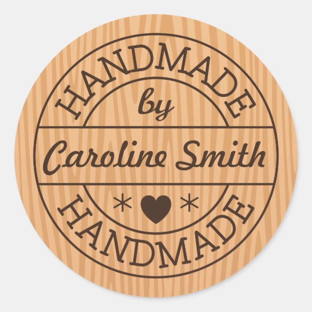 Handmade by stamp on wood personalised name classic round sticker (Front)