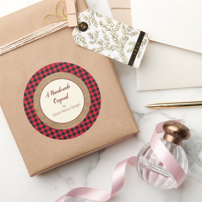 Handmade by You Red Buffalo Plaid and Burlap Classic Round Sticker (Gifting)