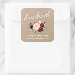 Handmade Calligraphy Burgundy Floral Kraft Small Square Sticker