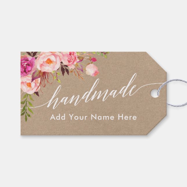 Handmade Calligraphy Pink Floral Kraft Tag (Front (Horizontal))