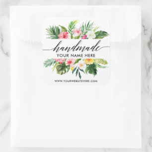 Handmade Calligraphy Tropical Floral Square Sticker