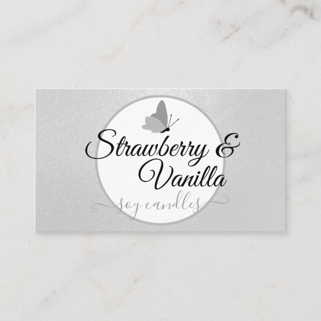 Handmade Candles Clean Silver Gray Cute Butterfly Business Card (Front)