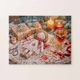 Handmade Cloth Doll with Christmas Gifts and Cozy Jigsaw Puzzle