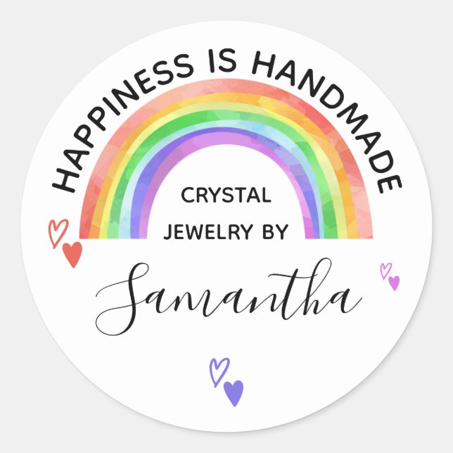 Handmade Colourful Rainbow and Love Hearts Classic Round Sticker (Front)