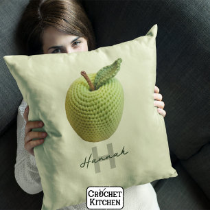 Handmade Craft Green Crochet Apple Monogram Name  Cushion