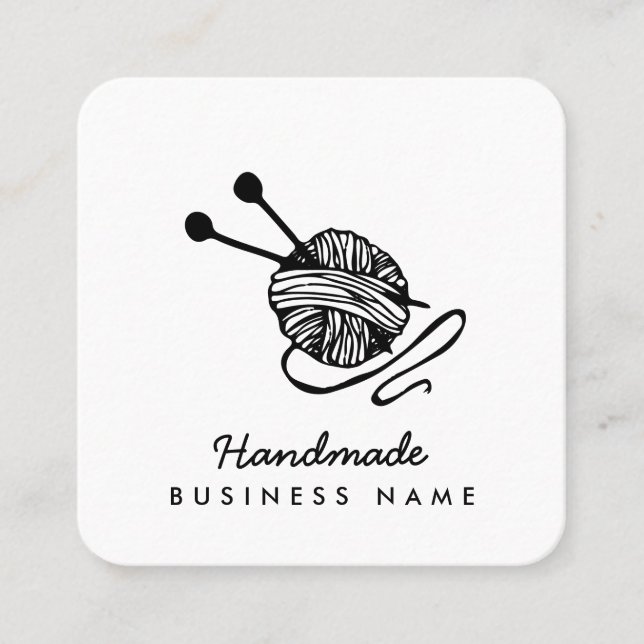 Handmade crafts modern knitting black and white square business card (Front)