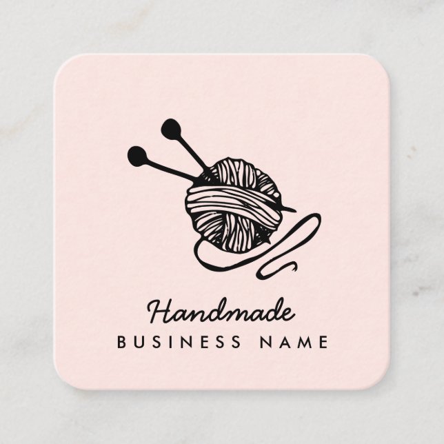 Handmade crafts modern knitting pink minimalist square business card (Front)