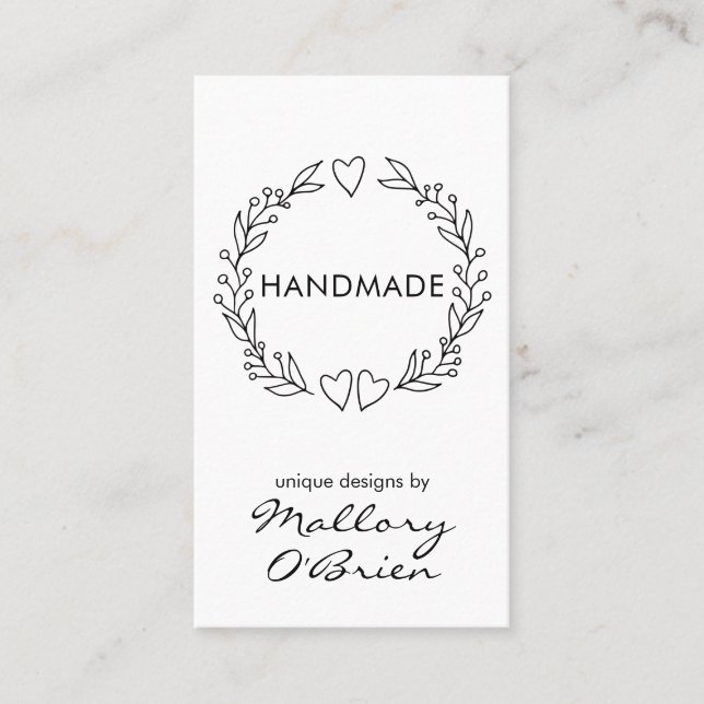 Handmade Doodle Wreath Hearts and Foliage Vertical Business Card (Front)