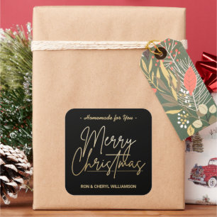 Handmade for You Gold Merry Christmas Black Square Sticker