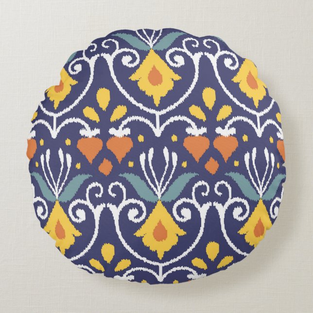 Handmade Ikat: Ethnic Boho Fabric Round Cushion (Front)