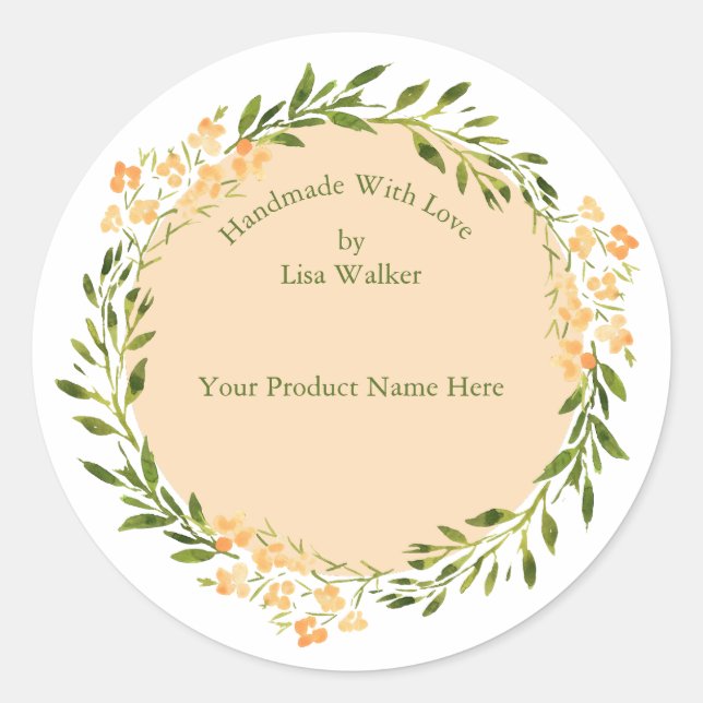 Handmade Item Label Rustic Wreath & Peach Sticker (Front)