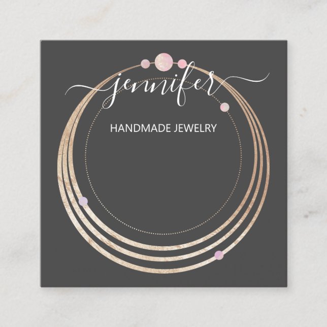 Handmade Jewellery Custom Logo Gold Rose Grey Square Business Card (Front)