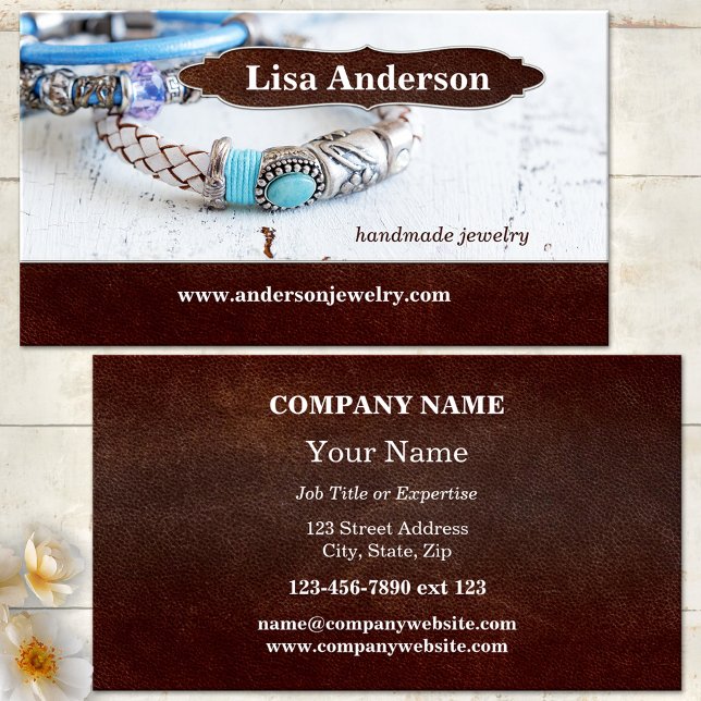 Handmade Jewellery Faux Leather Business Card (Modern design business card featuring an image of handmade jewelry on dark brown faux leather)