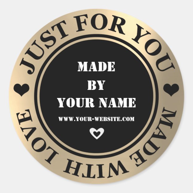 Handmade Just For You Made Love Gold Foxier Black Classic Round Sticker (Front)