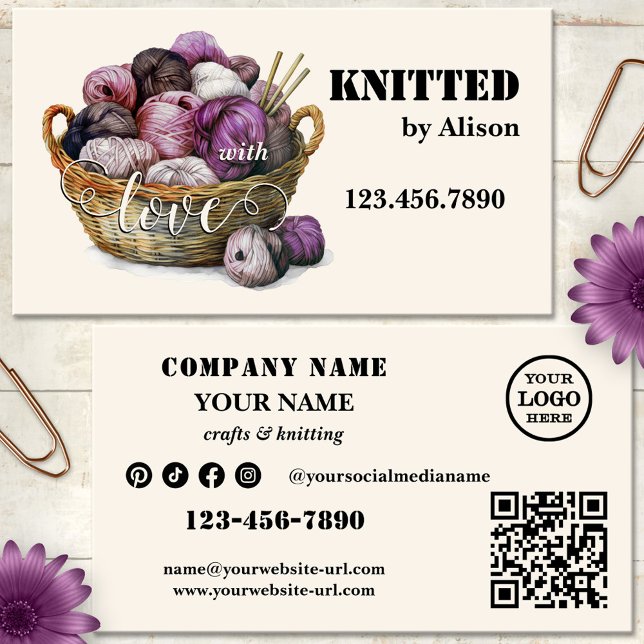 Handmade Knitting Crafts Wool Business Card (Crafts, knitting or crocheting business card featuring a watercolor basket with wool)