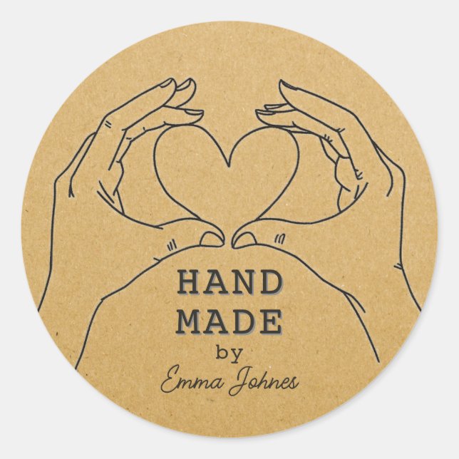 Handmade Kraft Paper Heart Hands Custom Artisan Classic Round Sticker (Front)