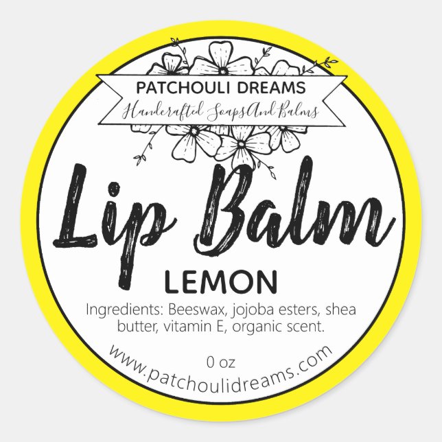 Handmade Lemon Lip Balm Yellow Labels (Front)