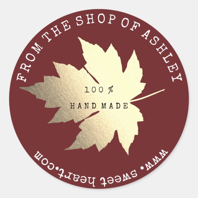 Handmade Logo Name Maple Leaf Web Burgundy Gold Classic Round Sticker (Front)