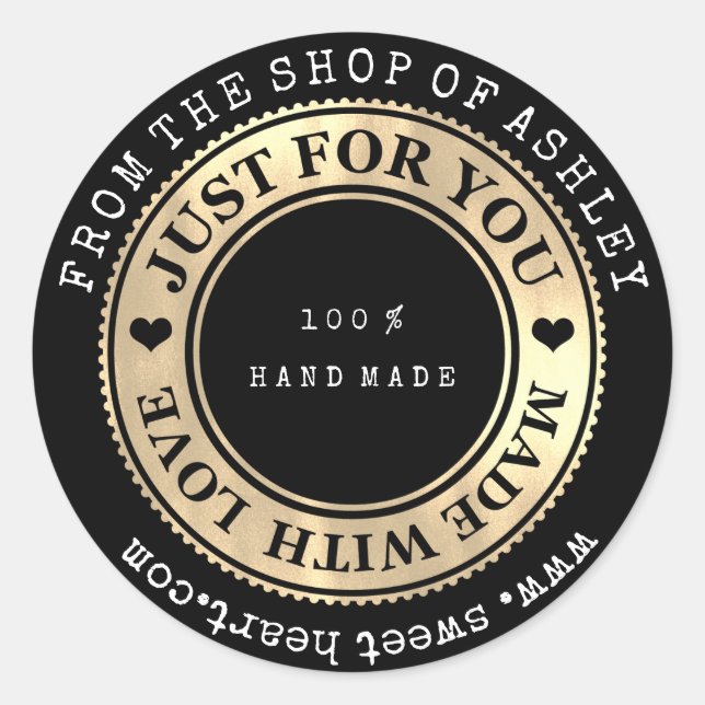 Handmade Logo Name Web Heart Love Black Gold Classic Round Sticker (Front)