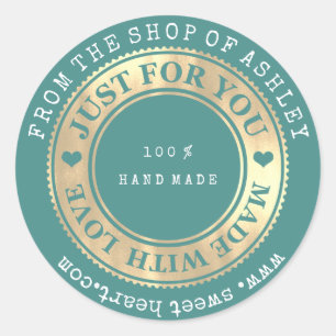 Handmade Logo Name Web Heart Love Teal Gold Classic Round Sticker