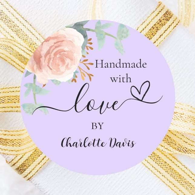 Handmade love rose gold floral lavender violet classic round sticker (Creator Uploaded)