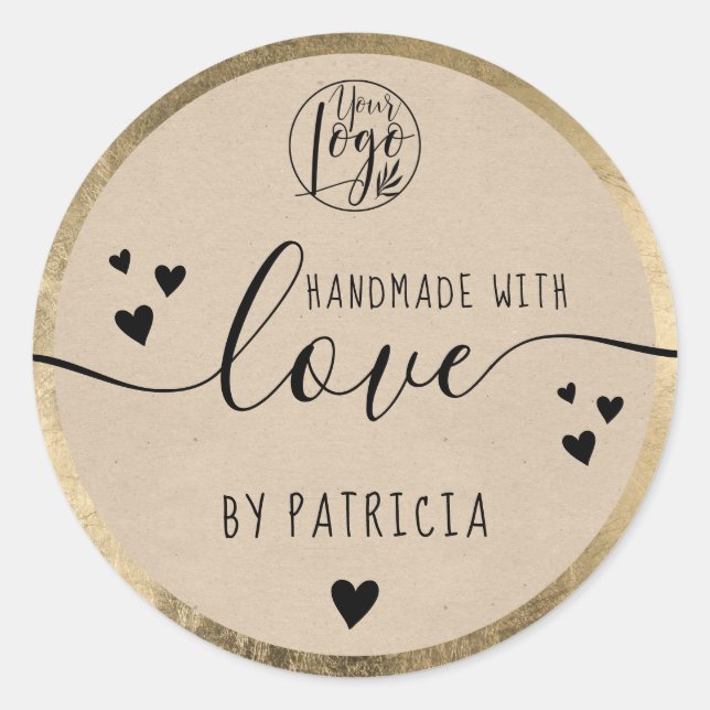 Handmade love script black logo hearts gold kraft  classic round sticker (Front)