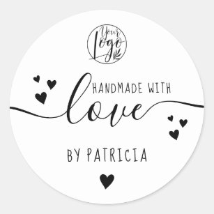 Handmade love script logo hearts black and white classic round sticker