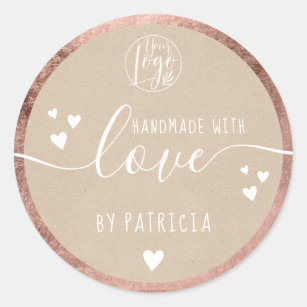 Handmade love script logo hearts rose gold kraft classic round sticker